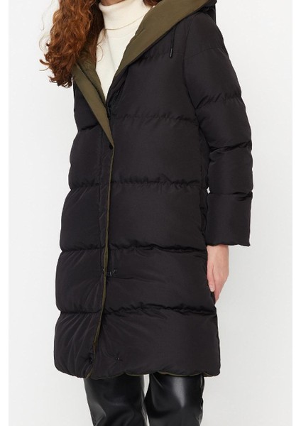 Kadın Moda Şık Regular Kapüşonlu Yaka Uzun Düz Çift Taraflı Kapüşonlu Su Itici Şişme Anorak Mont modelleri