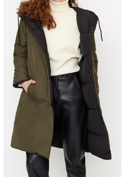 Kadın Moda Şık Regular Kapüşonlu Yaka Uzun Düz Çift Taraflı Kapüşonlu Su Itici Şişme Anorak Mont fırsatları