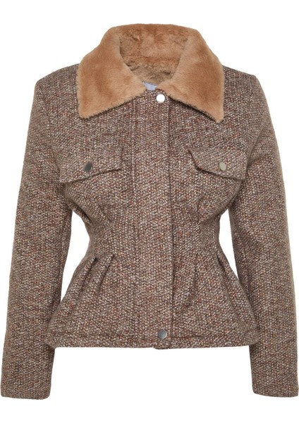 Kadın Moda Şık Regular Gömlek Yaka Standart Kırçıllı Astarlı Peluş Yakalı Tüvit Kaşe Kaban