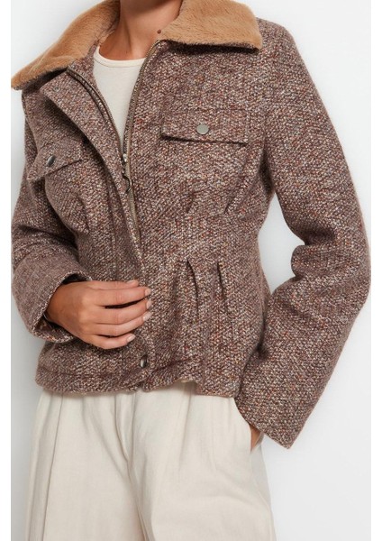 Kadın Moda Şık Regular Gömlek Yaka Standart Kırçıllı Astarlı Peluş Yakalı Tüvit Kaşe Kaban fiyatları