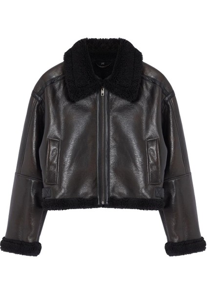 Kadın Moda Şık Oversize Gömlek Yaka Standart Düz Astarsız Peluş Detaylı Biker Ceket Mont