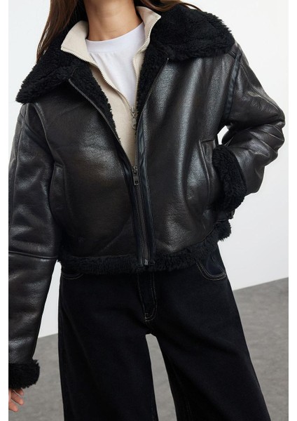 Kadın Moda Şık Oversize Gömlek Yaka Standart Düz Astarsız Peluş Detaylı Biker Ceket Mont