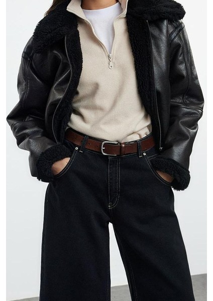 Kadın Moda Şık Oversize Gömlek Yaka Standart Düz Astarsız Peluş Detaylı Biker Ceket Mont