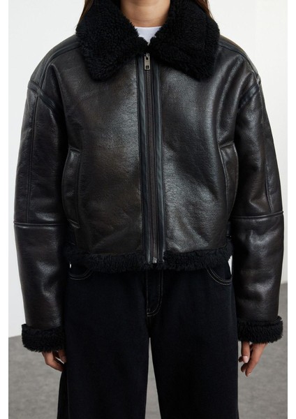 Kadın Moda Şık Oversize Gömlek Yaka Standart Düz Astarsız Peluş Detaylı Biker Ceket Mont