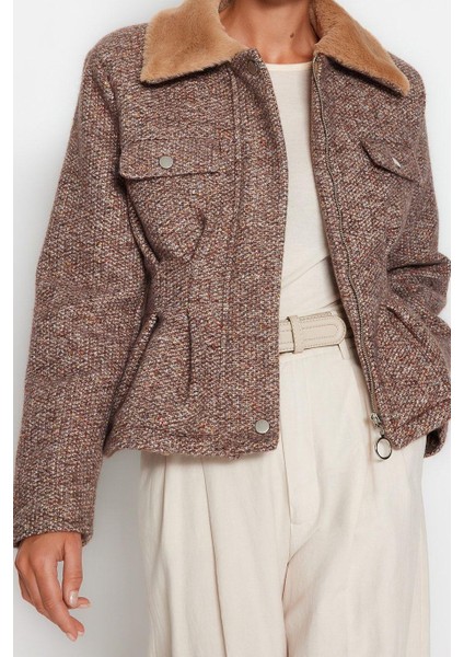 Kadın Moda Şık Regular Gömlek Yaka Standart Kırçıllı Astarlı Peluş Yakalı Tüvit Kaşe Kaban modelleri