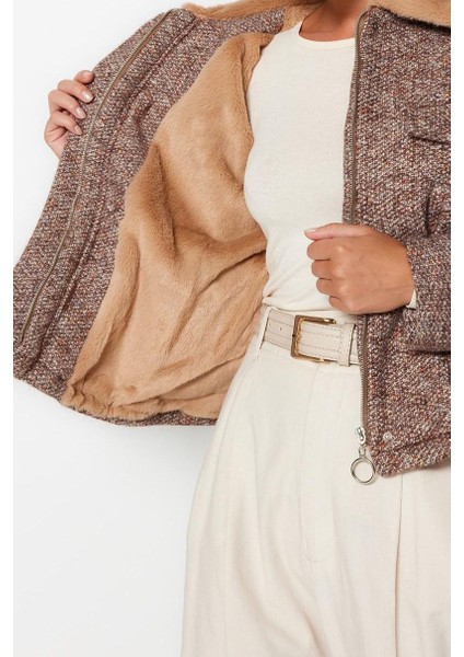 Kadın Moda Şık Regular Gömlek Yaka Standart Kırçıllı Astarlı Peluş Yakalı Tüvit Kaşe Kaban fırsatları