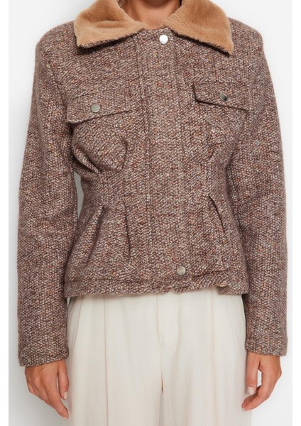 Kadın Moda Şık Regular Gömlek Yaka Standart Kırçıllı Astarlı Peluş Yakalı Tüvit Kaşe Kaban indirimleri