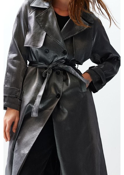 Tasarım Düz Astarlı Yaka Uzun Oversize Ceket Kadın Oversize Geniş Kesim Kuşaklı Trençkot