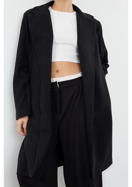 Kadın Moda Şık Regular Ceket Yaka Midi Düz Astarlı Kapamasız Yumuşak Dokulu Astarsız Örme Kaşe Kaban