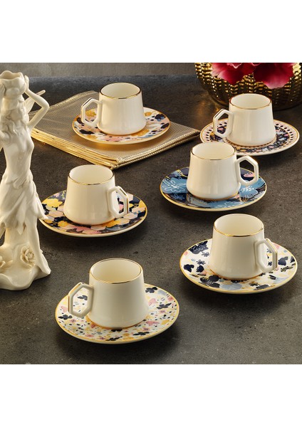 1453 Potpuri Double Geometrik Gold 12 Parça 6 Kişilik Kahve Fincan Takımı 120 ml