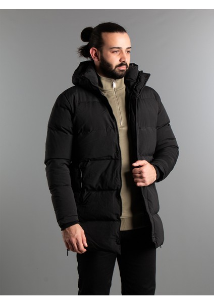 Erkek Siyah Uzun Şişme Kaban