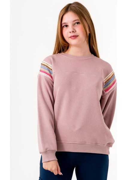 Kız Çocuk Şerit Modelli Nakışlı Sweatshirt - Gül Kurusu