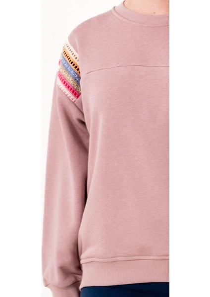 Kız Çocuk Şerit Modelli Nakışlı Sweatshirt - Gül Kurusu fırsatları