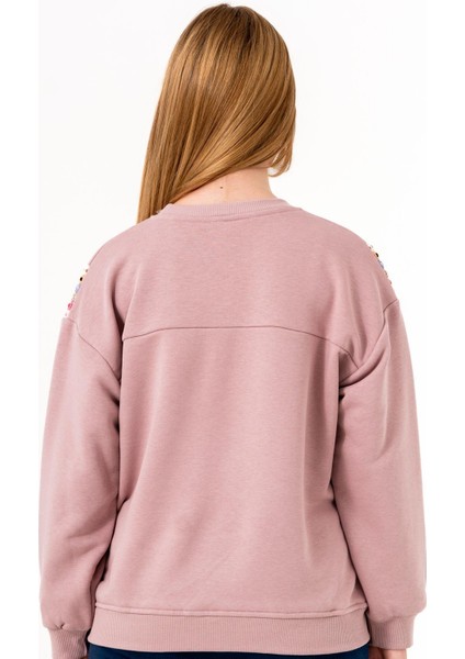 Kız Çocuk Şerit Modelli Nakışlı Sweatshirt - Gül Kurusu indirimleri