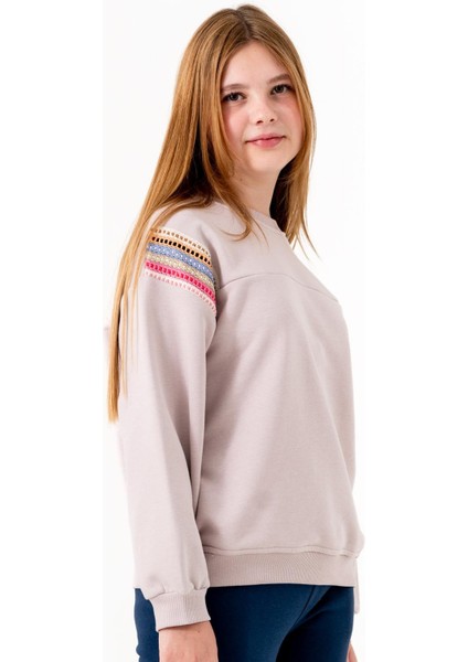Kız Çocuk Şerit Modelli Nakışlı Sweatshirt - Lila