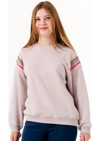 Kız Çocuk Şerit Modelli Nakışlı Sweatshirt - Lila fiyatları