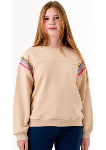 Kız Çocuk Şerit Modelli Nakışlı Sweatshirt - Bej