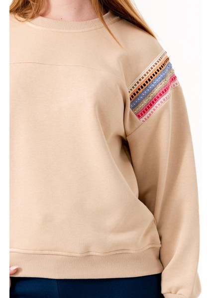 Kız Çocuk Şerit Modelli Nakışlı Sweatshirt - Bej modelleri