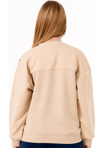 Kız Çocuk Şerit Modelli Nakışlı Sweatshirt - Bej fırsatları