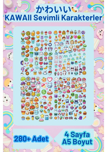 Kawaii Washi Sticker Seti - Cute Kawaii - Tatlı Kawaii Etiketler - Ajanda 280+ Adet 4 Sayfa A5 Boyut modelleri