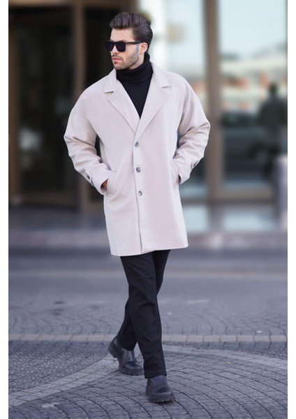 Taş Rengi Kruvaze Yaka Düğme Detaylı Erkek Kaban 7217