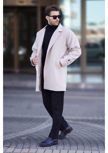 Taş Rengi Kruvaze Yaka Düğme Detaylı Erkek Kaban 7217 fiyatları