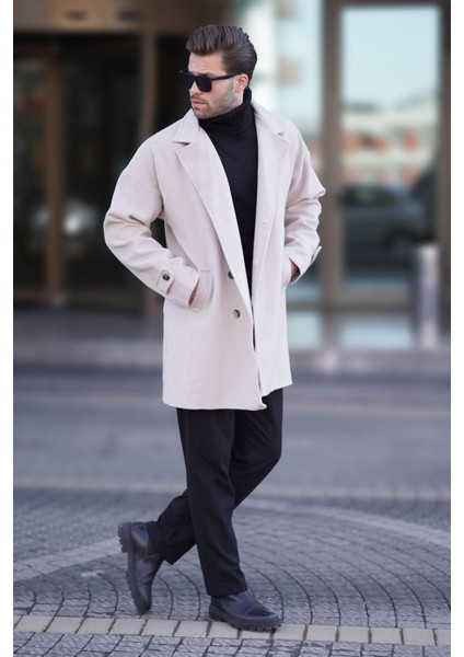 Taş Rengi Kruvaze Yaka Düğme Detaylı Erkek Kaban 7217 modelleri