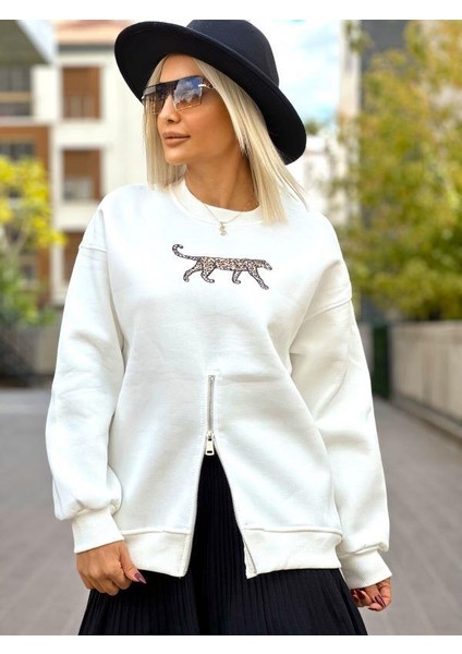 5617 Wild Arka Fermuarlı Sweat Beyaz