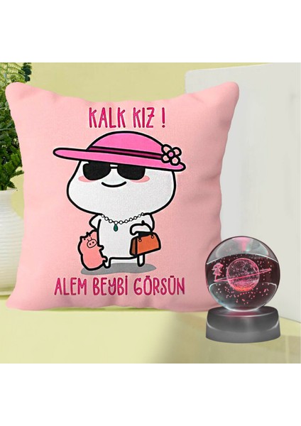 Kalk Kız Alem Beybi Görsün Yastık & 3D Samanyolu Temalı Satürn Kız Işıklı Cam Küre
