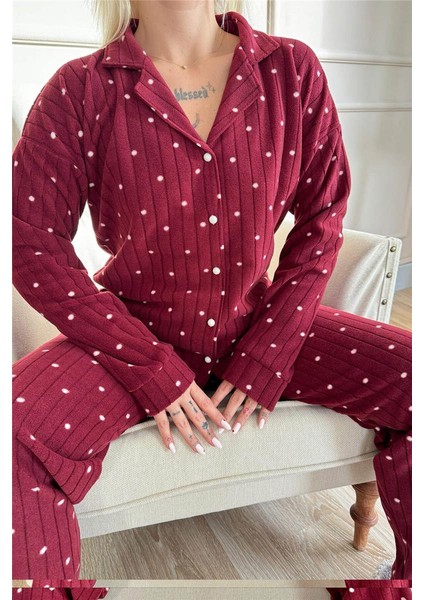 Bordo Dotted Desenli Önden Düğmeli Peluş Polar Pijama Takımı indirimleri