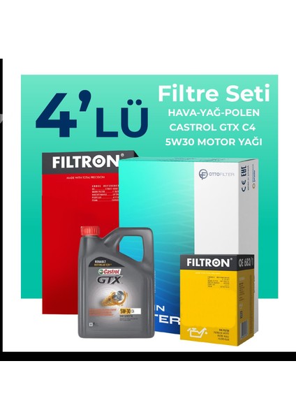 Renault Clio 1.0 Benzin TCe Filtre Bakım Seti Castrol Motor Yağlı (2019-2024) 4 Lü