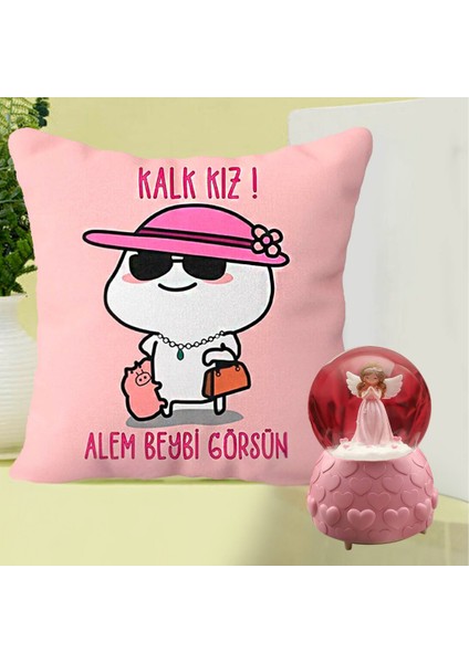 Kalk Kız Alem Beybi Görsün Yastık & Pembe Peri Işıklı Kar Küresi