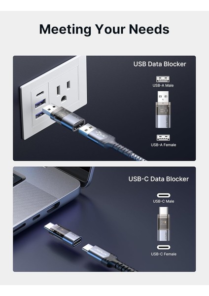 USB -A ve Type - C Veri Engelleyici ve Data Blocker ,  Sadece Şarj Için Şeffaf Usb-A - Usb-A ve Usb-C - Usb-C Veri Engelleyici, Juice Jacking'e Karşı, Hacklenmeyi Reddet