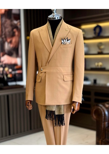 İtalyan Stil Slim Fit Ceket Pantalon Takım Elbise Camel T13232