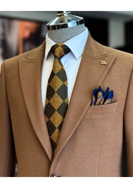 Italyan Stil Slim Fit Sivri Yaka Erkek Ceket Camel T13210 fırsatları