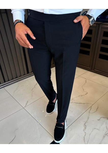 Italyan Stil Slim Fit Gofre Kumaş Bel Detaylı Erkek Pantolon Siyah T11438 indirimleri