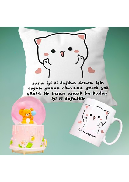 Iyi Ki Doğdun Doğum Günü Yastık & Kupa & Panda Işıklı Kar Küresi Arkadaşa Hediye
