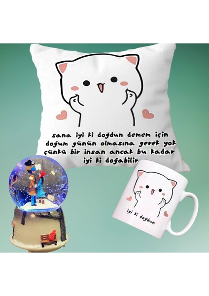 Iyi Ki Doğdun Doğum Günü Yastık & Kupa & Sokak Lambasının Altında Işıklı Kar Küresi Hediye