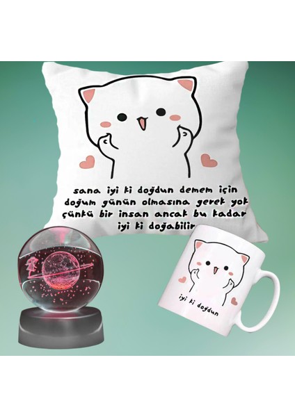 Iyi Ki Doğdun Doğum Günü Yastık & Kupa & 3D Samanyolu Temalı Satürn Kız Işıklı Cam Küre