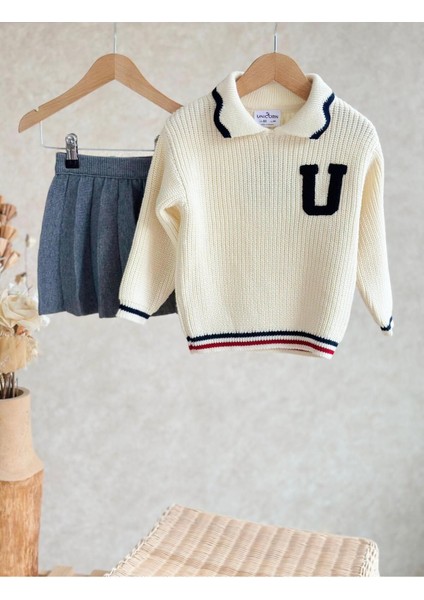 Kız Çocuk Kolej Old School Kışlık Triko Sweatshirt Etek Alt-Üst Takım