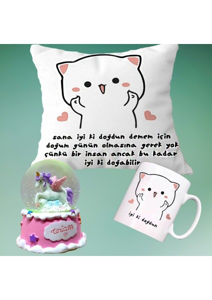 Iyi Ki Doğdun Doğum Günü Yastık & Kupa & Sihirli Unicorn Işıklı Kar Küresi Arkadaşa Hediye