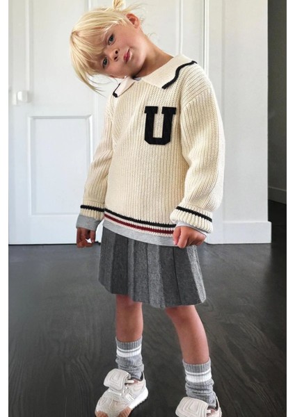 Kız Çocuk Kolej Old School Kışlık Triko Sweatshirt Etek Alt-Üst Takım