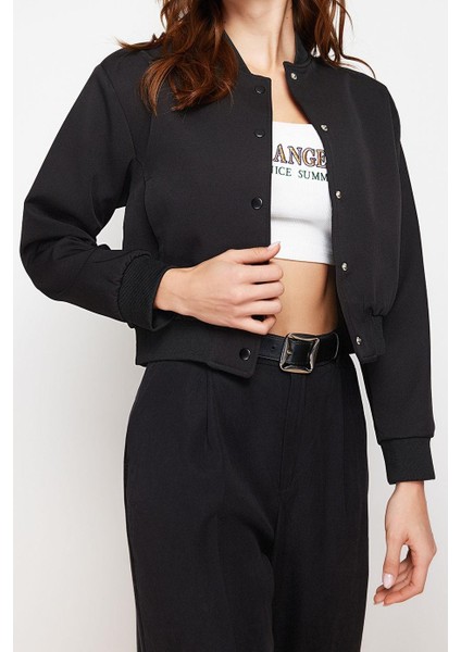 Kadın Moda Şık Bol Hakim Yaka Crop Düz Astarlı Oversize Crop Ince Bomber Mont