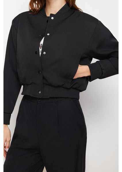 Kadın Moda Şık Bol Hakim Yaka Crop Düz Astarlı Oversize Crop Ince Bomber Mont