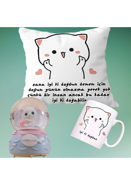 Iyi Ki Doğdun Doğum Günü Yastık & Kupa & Lucky Cat Kedi Renk Değiştiren Müzikli Işıklı Kar Küresi