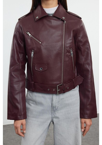 Kadın Moda Şık Regular Ceket Yaka Standart Düz Astarlı Regular Suni Deri Biker Ceket Mont