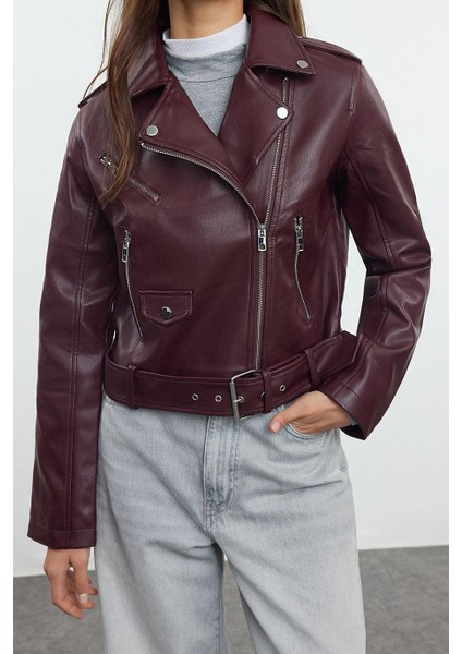 Kadın Moda Şık Regular Ceket Yaka Standart Düz Astarlı Regular Suni Deri Biker Ceket Mont