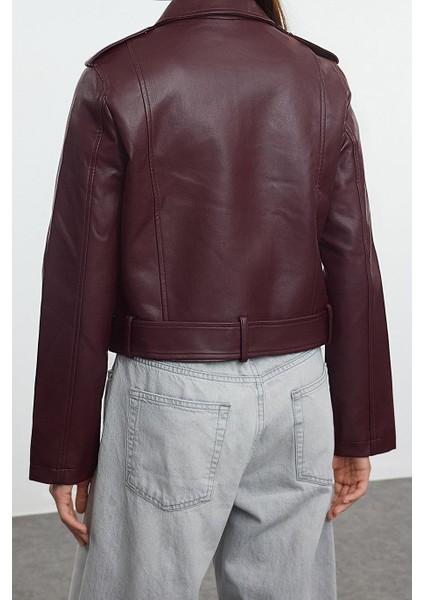 Kadın Moda Şık Regular Ceket Yaka Standart Düz Astarlı Regular Suni Deri Biker Ceket Mont
