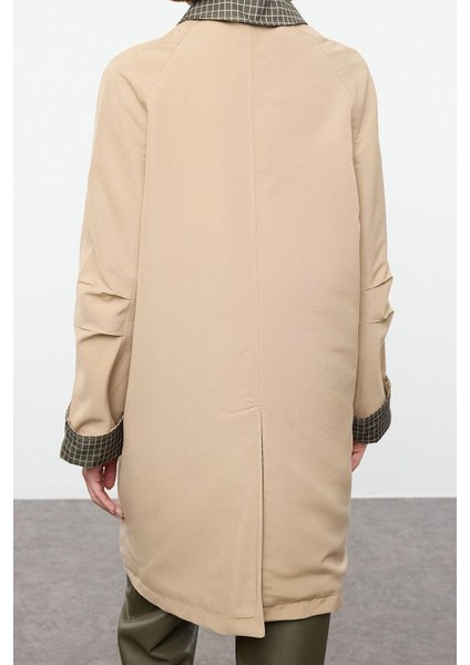 Kadın Moda Şık Regular Gömlek Yaka Uzun Ekose Astarlı Ekose Astarlı Regular Midi Trençkot