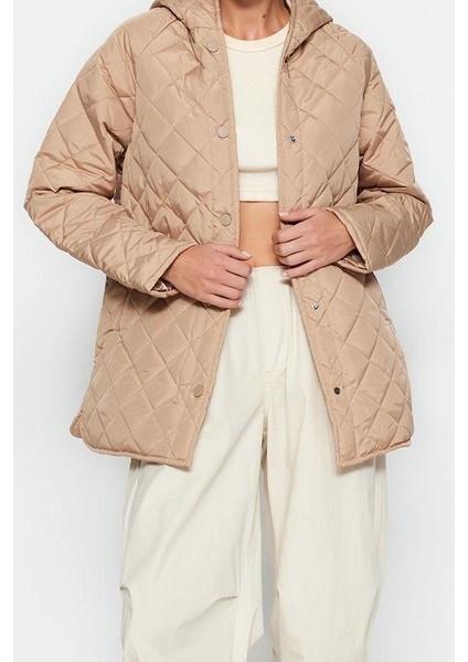 Tasarım Düz Astarlı Yaka Midi Regular Kapüşonlu Kadın Kapüşonlu Su Itici Kapitone Mont indirimleri